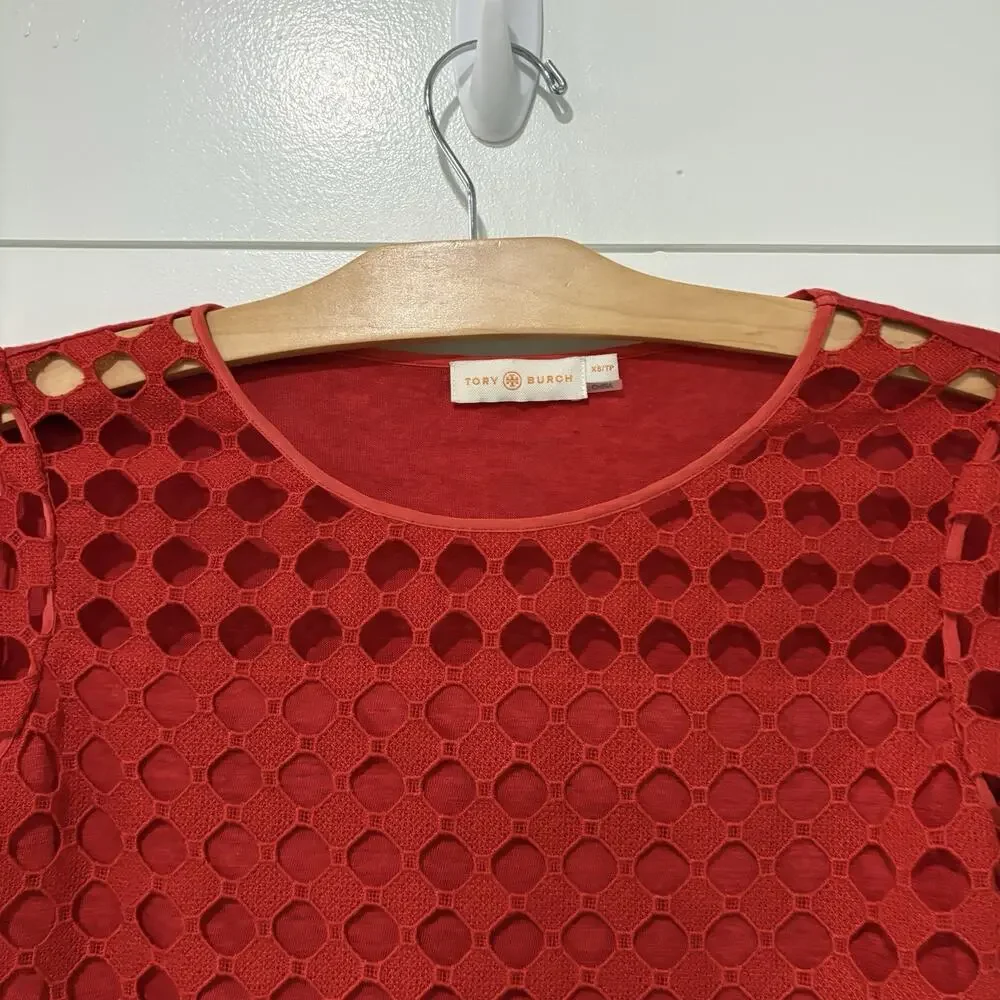 Tory Burch | Top Lace Linen Red Short Sleeve Pullover Classic- Size XS